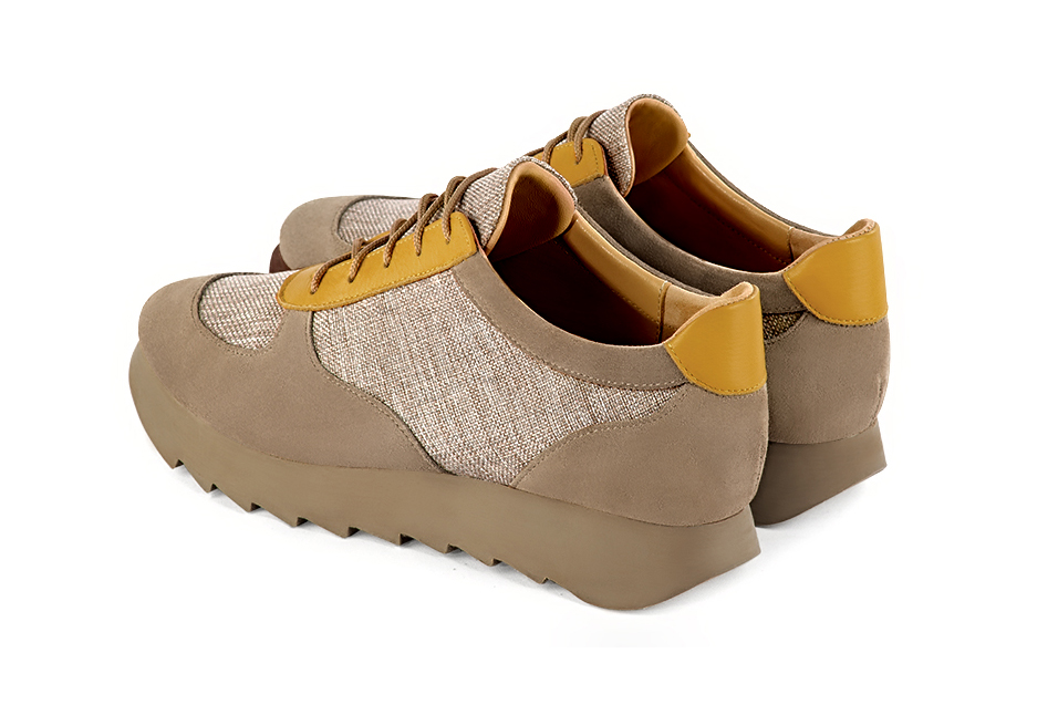 Tan beige and mustard yellow women's three-tone elegant sneakers. Round toe. Low rubber soles. Rear view - Florence KOOIJMAN